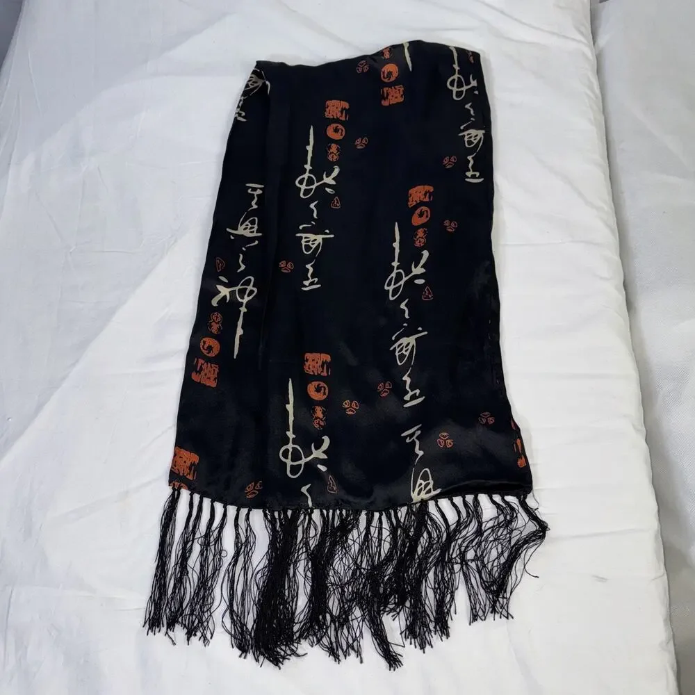 Lovely 100% Silk Scarf Black with Bamboo Leaves & Chinese Calligraphy